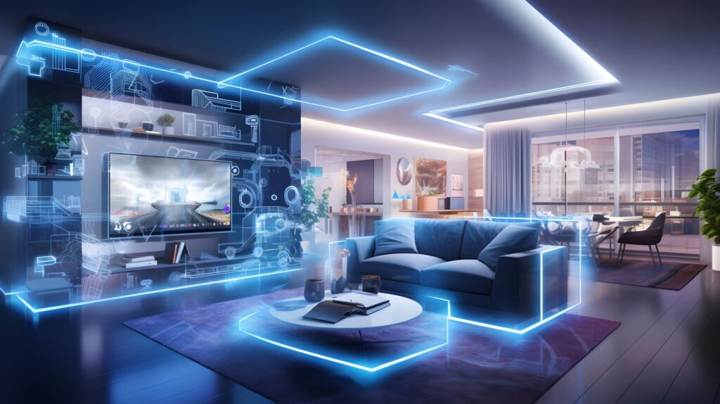 Ein futuristisches Wohnzimmer mit integrierten Smart-Home-Technologien, die durch digitale Vernetzung sichtbar werden. MTP spielt eine wichtige Rolle bei der Glasfaserverbindung, um eine stabile Netzwerkinfrastruktur für alle smarten Geräte zu gewährleisten.