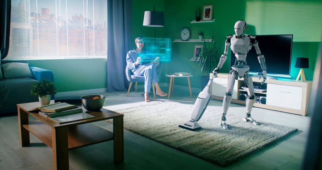 Human monitoring data on a digital screen while a robot vacuuming in a modern living room