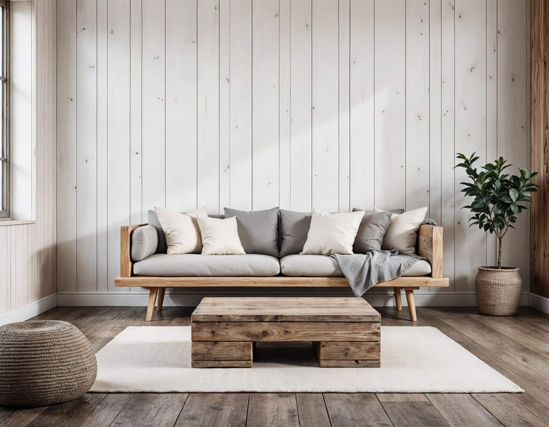 Skandinavisches Wohnzimmer mit Holz, Textilien und Pflanzen