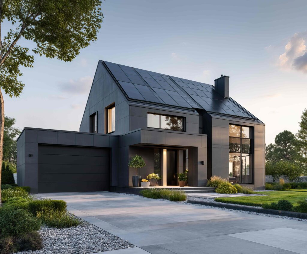 Hausfassade mit eleganten schwarzen Solarpanels, die in das Dach integriert sind.