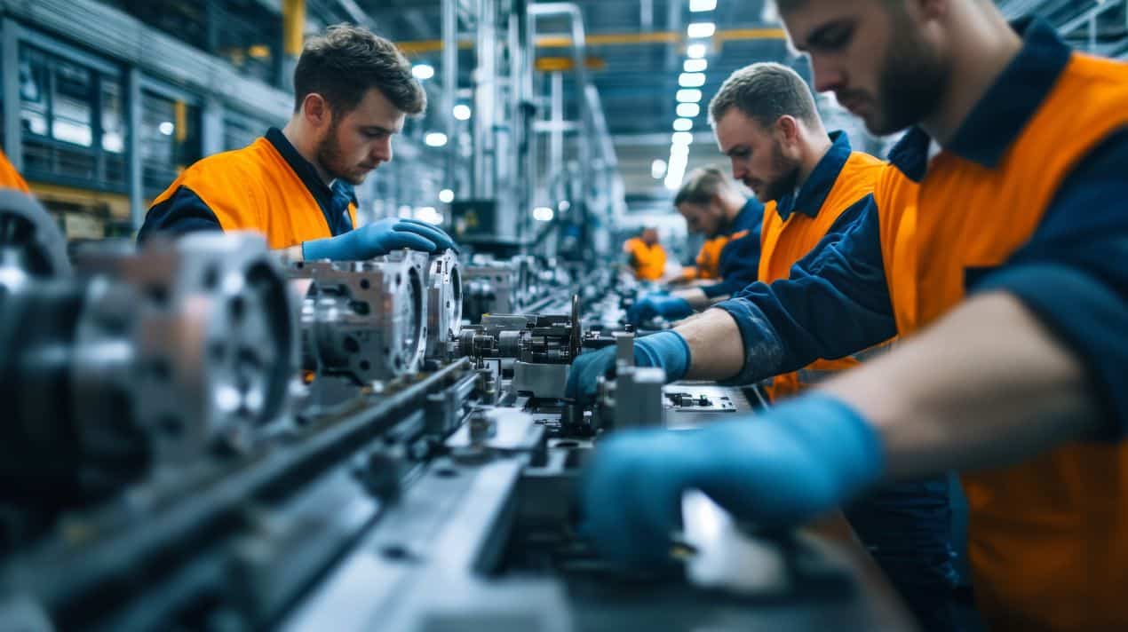 Montagevorrichtungen in moderner Fertigungshalle – Arbeiter optimieren Präzision und Effizienz mit professionellen Vorrichtungen in der Industrieproduktion