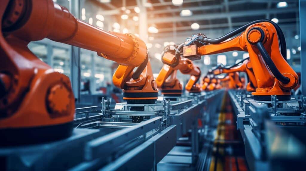 Montagevorrichtungen und Industrieroboter in moderner Produktionslinie für präzise und effiziente Fertigungsprozesse