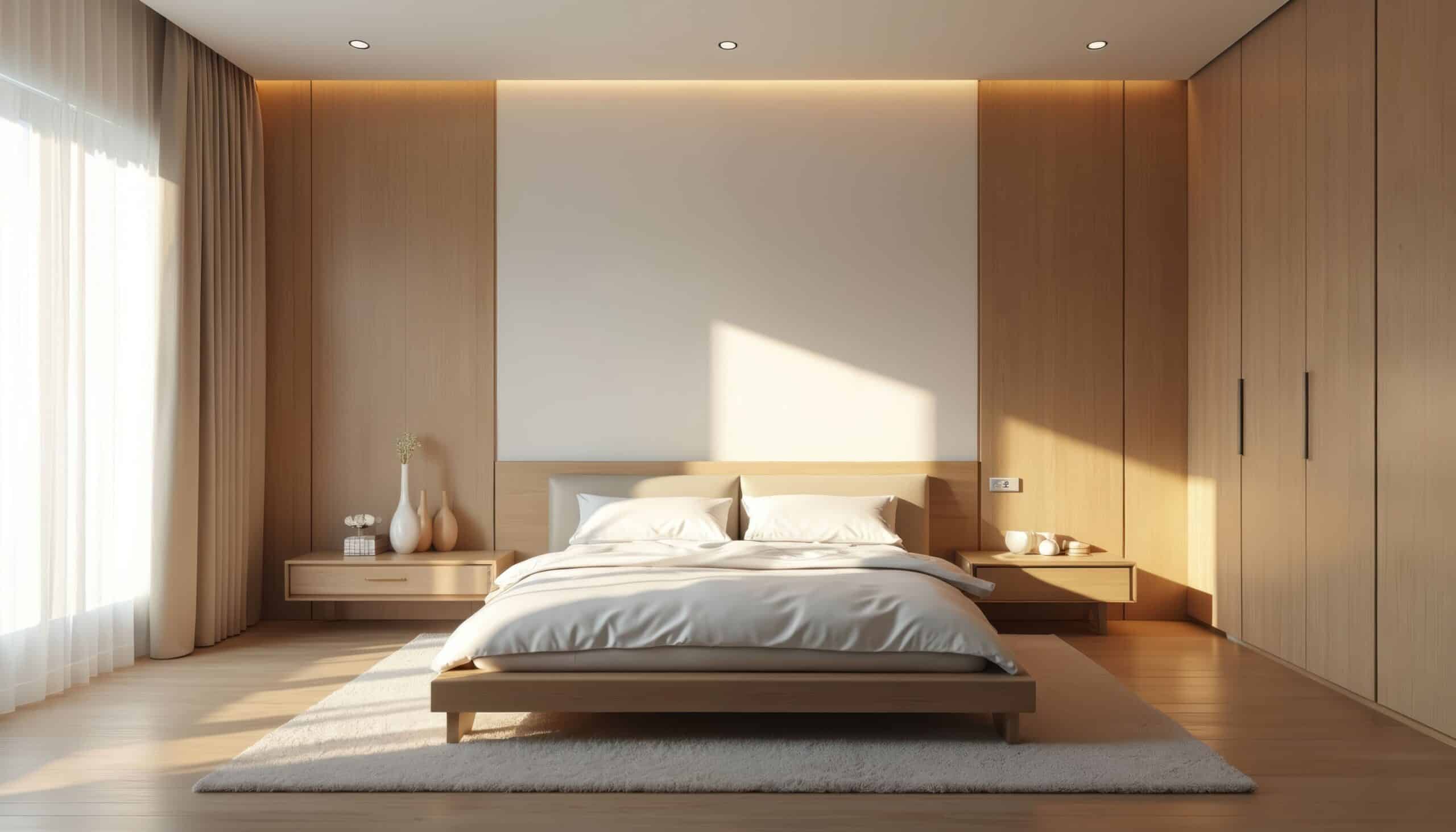 Modernes minimalistisches Hotelzimmerinterieur. Weißer, Holzfarbenschema, natürliches Sonnenlicht.