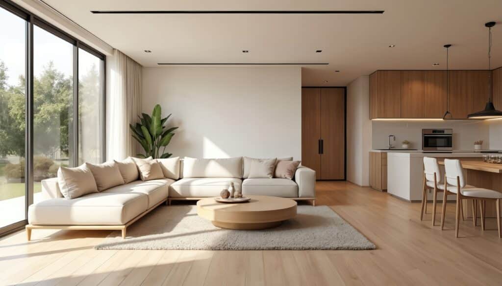 Modern minimalistische Innenarchitektur, offenes Wohnkonzept. Neutrale Farben, schlanke Möbel, große Fenster bieten natürliches Licht.