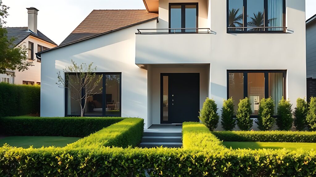 Modernes Haus mit klaren architektonischen Linien und geschnittenen Hecken, minimalistisches Wohnkonzept.